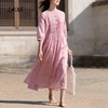 高端苎麻打条圆领七分袖单排扣系带连衣裙 商品缩略图0