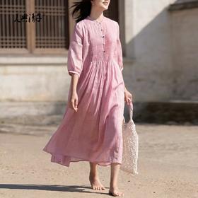 高端苎麻打条圆领七分袖单排扣系带连衣裙