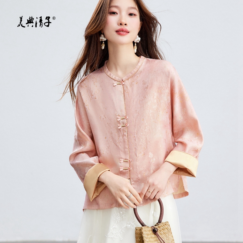 新中式人丝提花圆领长袖单排盘扣外套