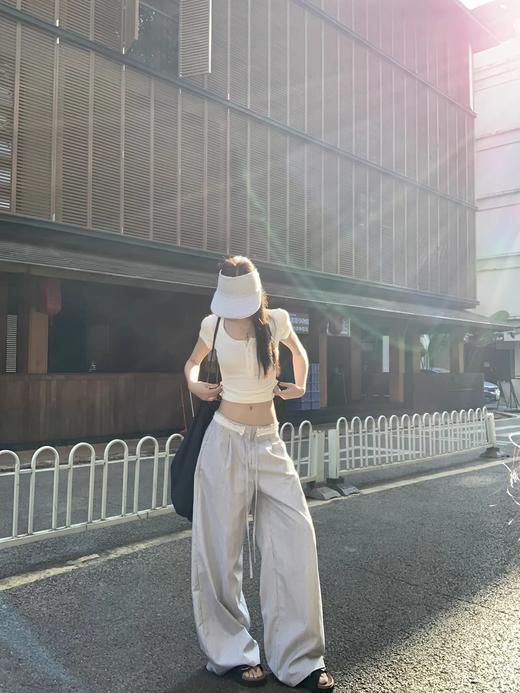 条纹元素花边腰头拼接设计感慵懒拖地裤 商品图4