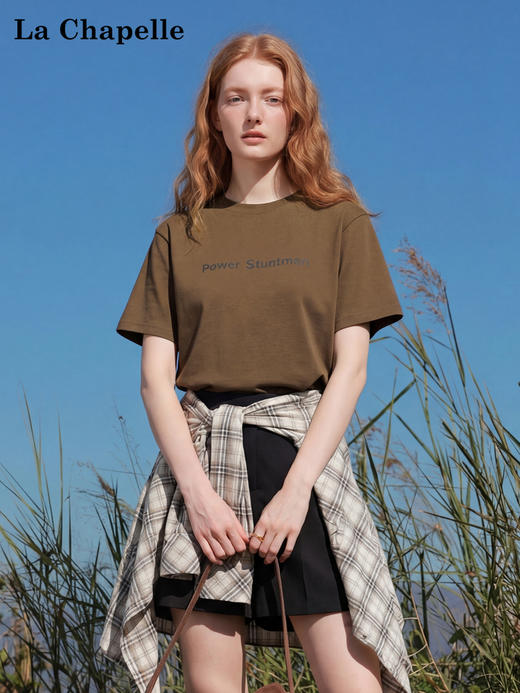 天猫同步【弹力足！高质感~】拉夏贝尔/La Chapelle两色圆领短袖T恤气质短款套头正肩法式上衣女 商品图2