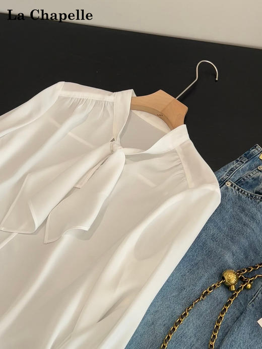 天猫同步【通勤/垂顺/优雅】拉夏贝尔/La Chapelle设计感气质显瘦宽松上衣法式绑带捏褶垂感长袖衬衫 商品图7