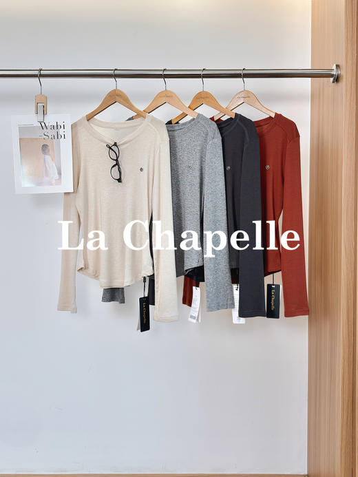 专柜实拍【莱赛尔+绵羊毛】拉夏贝尔/La Chapelle舒适好穿四色圆领字母标下摆弧形显瘦长袖T恤 商品图0