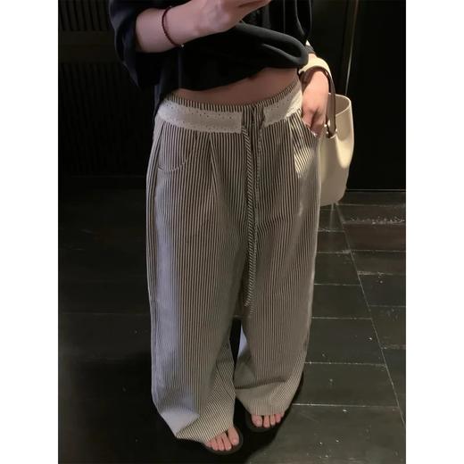 条纹元素花边腰头拼接设计感慵懒拖地裤 商品图3