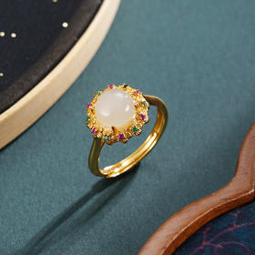 子佩集【花开映锦】银S925戒指【JZ07466】古法银镀金和田玉彩宝2601