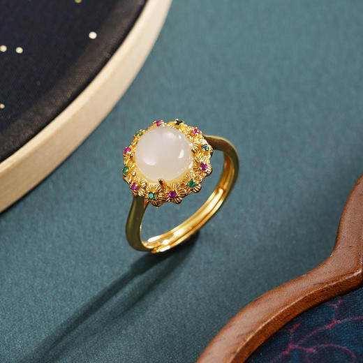 子佩集【花开映锦】银S925戒指【JZ07466】古法银镀金和田玉彩宝2601 商品图0