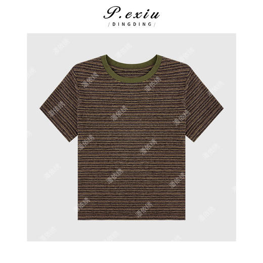 03-4潘依绣丁丁宠粉PanYiXiu/潘依绣雪花棉撞色条纹磨绒肌理感圆领短袖T恤 W-63385 商品图1