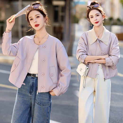 简约风超软蛋白皮皮衣春季新款短款可拆卸针织领皮衣外套WAYA20 商品图3