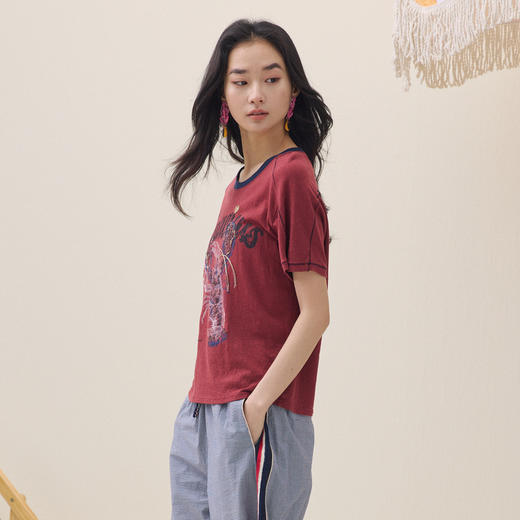 谜底美式复古T恤短袖2026夏新品撞色海洋元素印花珠绣女262MT0471 商品图1