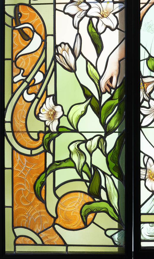 独角鹿西洋古董1920年代法国出品新艺术运动风格《百合少女》主题巨幅三联式彩绘玻璃花窗 商品图14