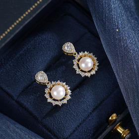 子佩集【星海花开】银S925珍珠惜王妃耳钉【XXED006】6.2mm珠镀金太阳花水滴2601