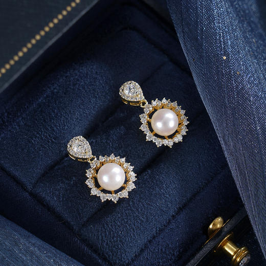 子佩集【星海花开】银S925珍珠惜王妃耳钉【XXED006】6.2mm珠镀金太阳花水滴2601 商品图0