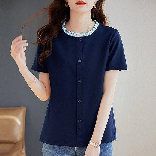 正肩圆领短袖t恤女2026新款夏爆款高端洋气女装减龄上衣半袖体恤 商品图2