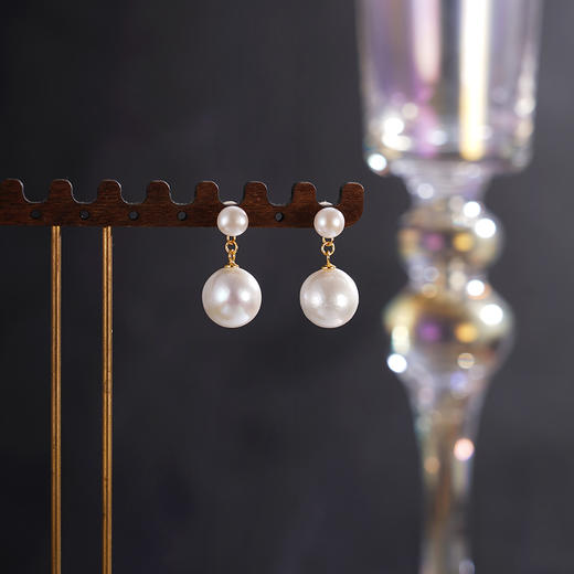子佩集【珠璨女神】银S925珍珠惜王妃耳钉【SGE1426001】6mm小珠12mm大珠镀金巴洛克双珠吊球2601 商品图1