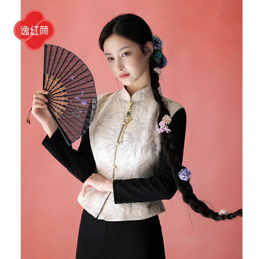 逸红颜《思淼》2026早春款金竹提花织锦缎新中式收腰马夹外套女 商品图1