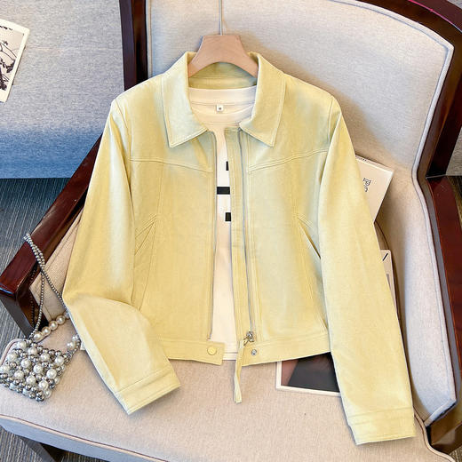 丁摩 高级感杏色翻领正肩麂皮绒厚外套春秋季新款高腰短款夹克6ZF-2162 商品图2