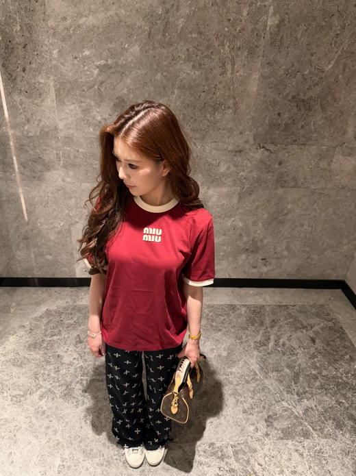 缪缪 撞色圆领棉质短袖T恤 商品图1