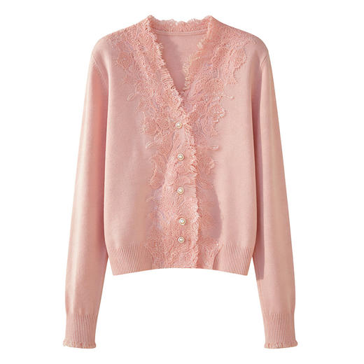 百媚生 桑蚕丝羊毛法式蕾丝拼接V领针织开衫女NS-6006-68 商品图4
