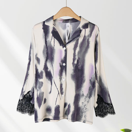 【焕新季】美奈川睡衣女上衣长裤家居服套装水墨印花莫代尔蕾丝套装 JJ28192 商品图1