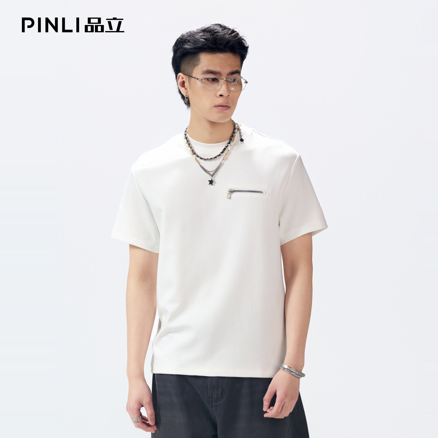 PINLI品立2026夏季新款男士纯色百搭圆领落肩短袖T恤上衣体恤潮牌GD262111049