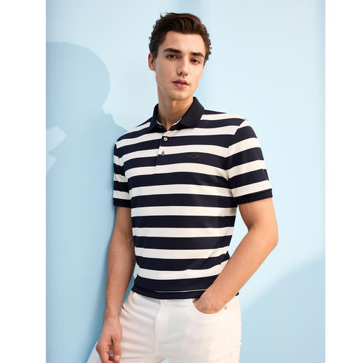 【桑蚕丝】德鲨男装短袖条纹POLO衫2026夏新款撞色休闲翻领T恤男 商品图1