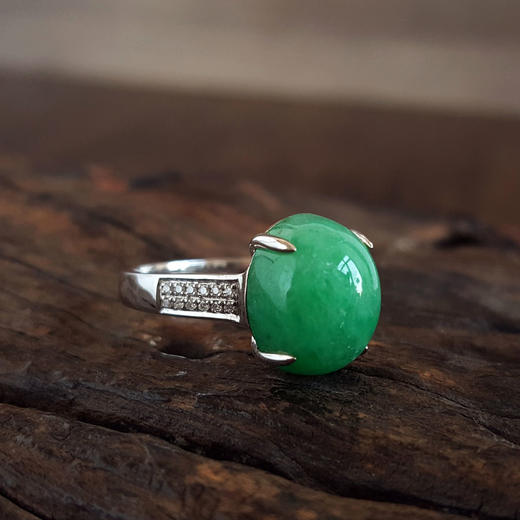 【天然正品】A货翡翠通灵珠宝AU750白金镶钻镶天然细腻8.318克拉满绿糯种蛋面翡翠戒指14号（戒圈可改）280226HSD44 商品图4