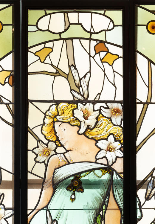 独角鹿西洋古董1920年代法国出品新艺术运动风格《百合少女》主题巨幅三联式彩绘玻璃花窗 商品图4