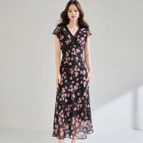 「高货sh」全新升级【铂金会员275/天猫369/差价94】(12409)洛诗琳玫瑰印花雪纺连衣裙2026法式蕾丝花边V领收腰显瘦裙