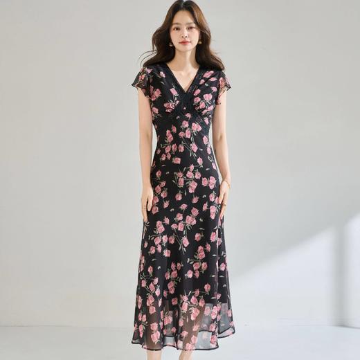 「高货sh」全新升级【铂金会员275/天猫369/差价94】(12409)洛诗琳玫瑰印花雪纺连衣裙2026法式蕾丝花边V领收腰显瘦裙 商品图0