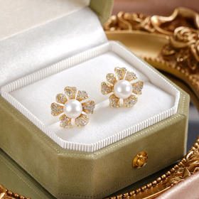 子佩集【曙色花香】银S925珍珠惜王妃耳钉【XXED004】6.5mm珠镀金花朵向日葵2601