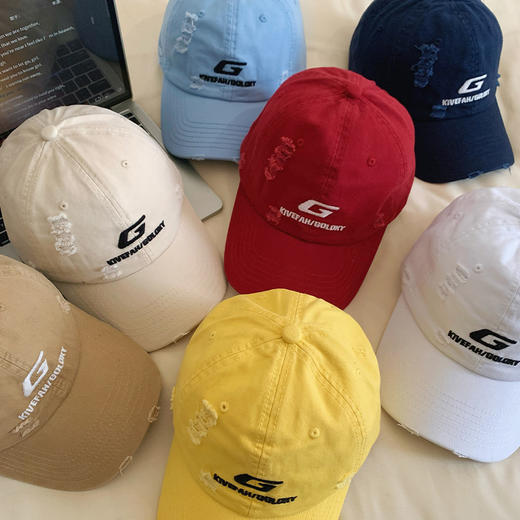 韩系破洞字母G刺绣棒球帽 全面升级款  男女大头围显脸小宽帽檐鸭舌帽子 休闲百搭潮帽 商品图1