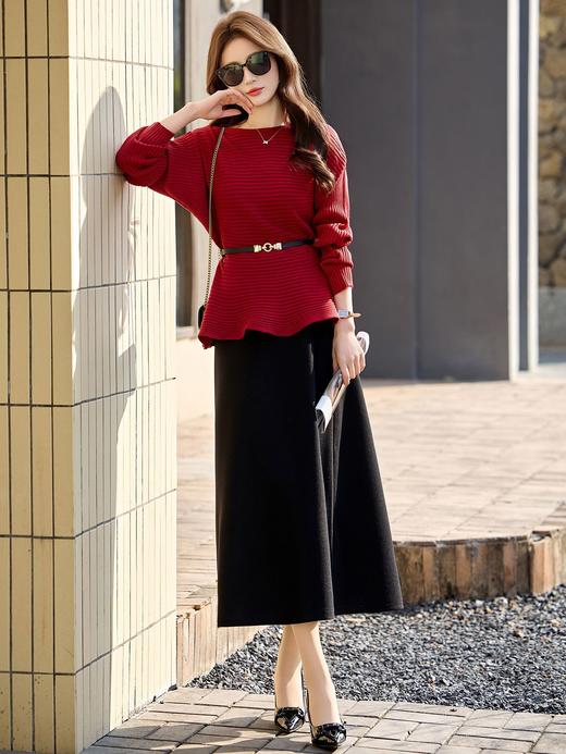气质圆领收腰显瘦长袖，针织衫半裙两件套配腰带HR-YF2703 商品图4
