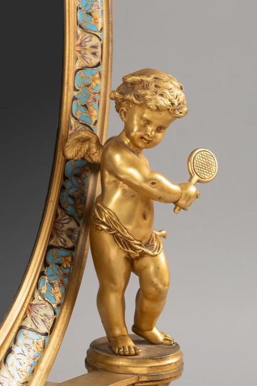 独角鹿西洋古董1880年代法国拿破仑三世时期出品铜鎏金精雕小天使造型嵌錾胎珐琅座镜 商品图8