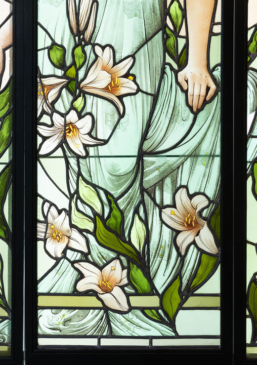 独角鹿西洋古董1920年代法国出品新艺术运动风格《百合少女》主题巨幅三联式彩绘玻璃花窗 商品图7
