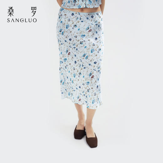 烂漫田园』桑罗蓝底碎花复古真丝半身裙100%桑蚕丝女款2026新款 商品图3