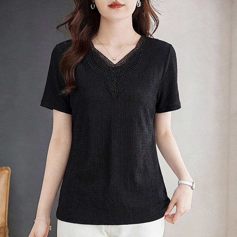 黑色v领短袖t恤女2026新款夏季爆款衣服女装正肩简约上衣半袖体恤
