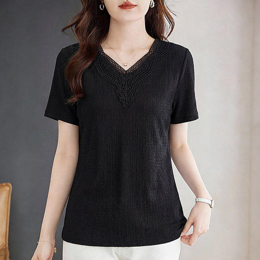 黑色v领短袖t恤女2026新款夏季爆款衣服女装正肩简约上衣半袖体恤 商品图0
