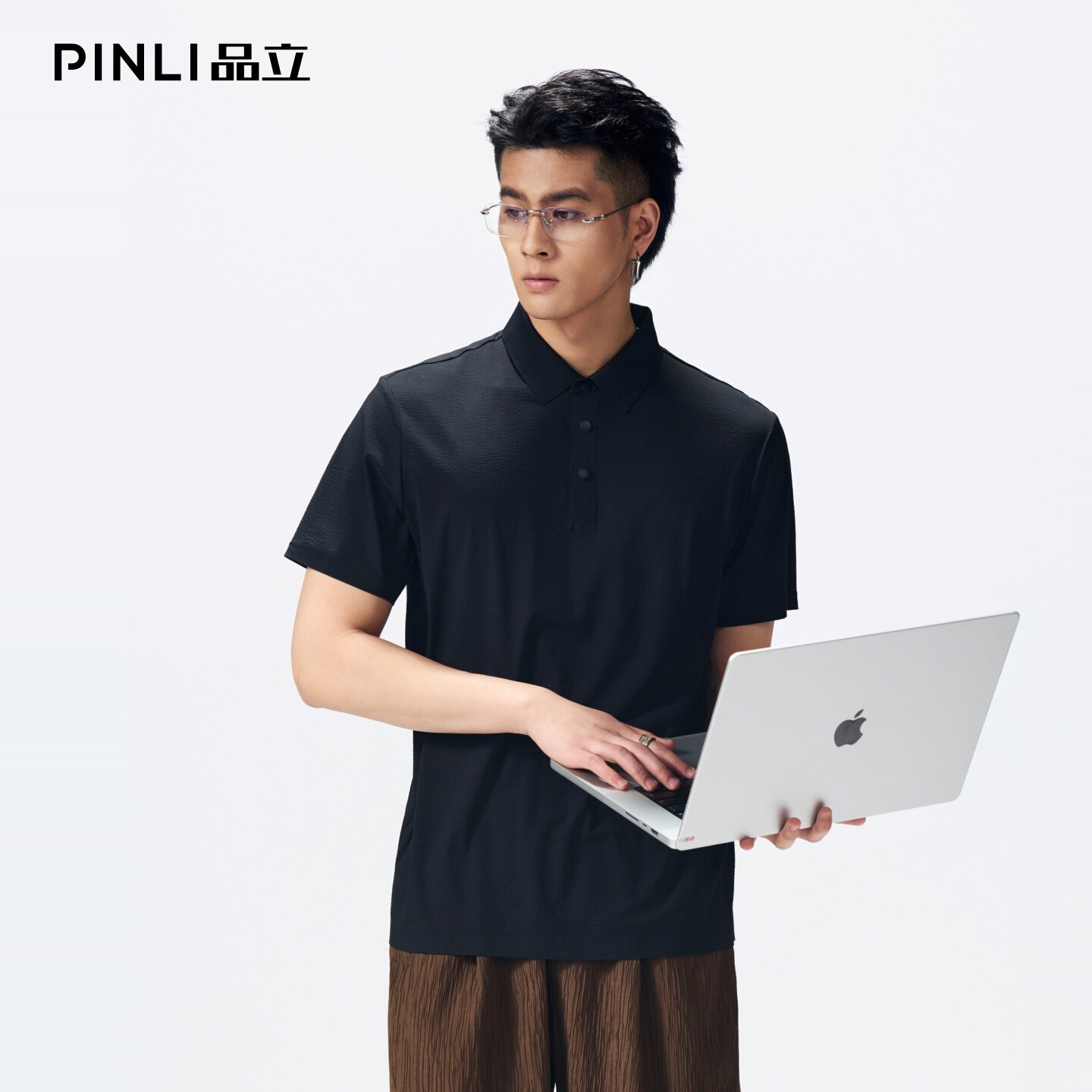 PINLI品立2026夏季新款男士纽扣翻领纯色短袖POLO衫上衣体恤潮牌GD262112054