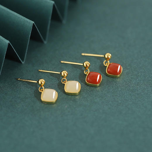 丁摩 S925纯银南红玛瑙方形和田玉女耳吊小巧耳钉耳环6ZF-596 商品图1