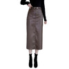 丁摩 咖色皮裙女春秋新款高腰开叉直筒裙时尚a字半身裙很火的裙子6ZF-310 商品缩略图4