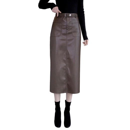 丁摩 咖色皮裙女春秋新款高腰开叉直筒裙时尚a字半身裙很火的裙子6ZF-310 商品图4