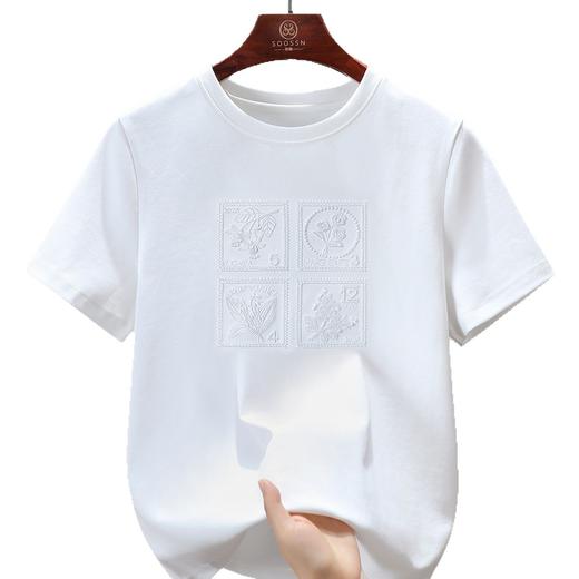 丁摩 春夏新款纯色浮雕刺绣圆领短袖T恤女时尚休闲显瘦上衣6ZF-W39 商品图4