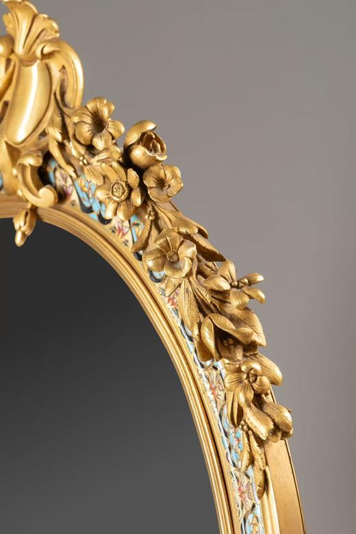 独角鹿西洋古董1880年代法国拿破仑三世时期出品铜鎏金精雕小天使造型嵌錾胎珐琅座镜 商品图6