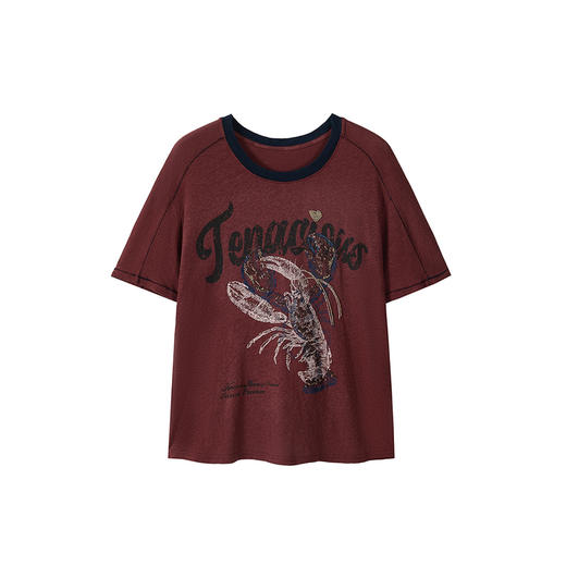 谜底美式复古T恤短袖2026夏新品撞色海洋元素印花珠绣女262MT0471 商品图4