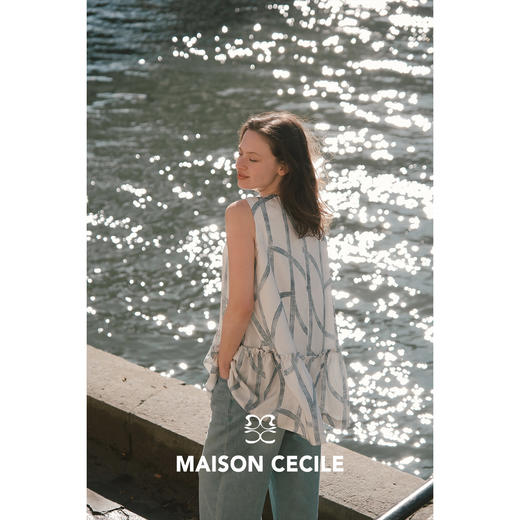 MC桑蚕丝du家印花条纹设计感无袖拼接娃娃衫上衣MAISON CECILE 商品图4