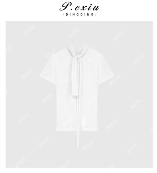 03-4潘依绣丁丁宠粉飘带白色正肩小众百搭短袖T恤Q4891 商品图0