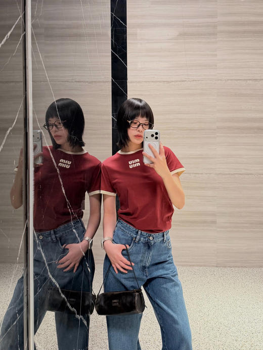 缪缪 撞色圆领棉质短袖T恤 商品图3