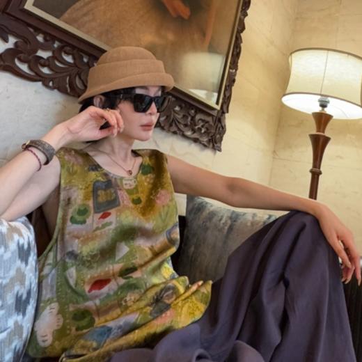 PanYiXiu/潘依绣100%人丝缎面提花文艺复古侧开叉无袖背心W-63229 商品图0