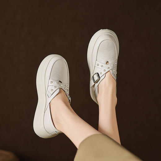 【预售7天】米白色圆头小众珍珠厚底乐福单鞋女新款真皮松糕鞋TYMXY&1636 商品图2