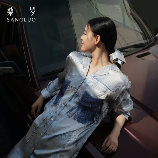 颠覆丹宁』桑罗复古牛仔印花真丝衬衫裙100%桑蚕丝女家居服可外穿 商品图0